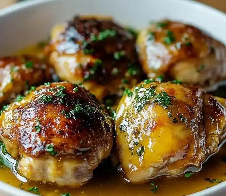 Savory Crockpot chicken thighs with herbs and spices in a slow cooker