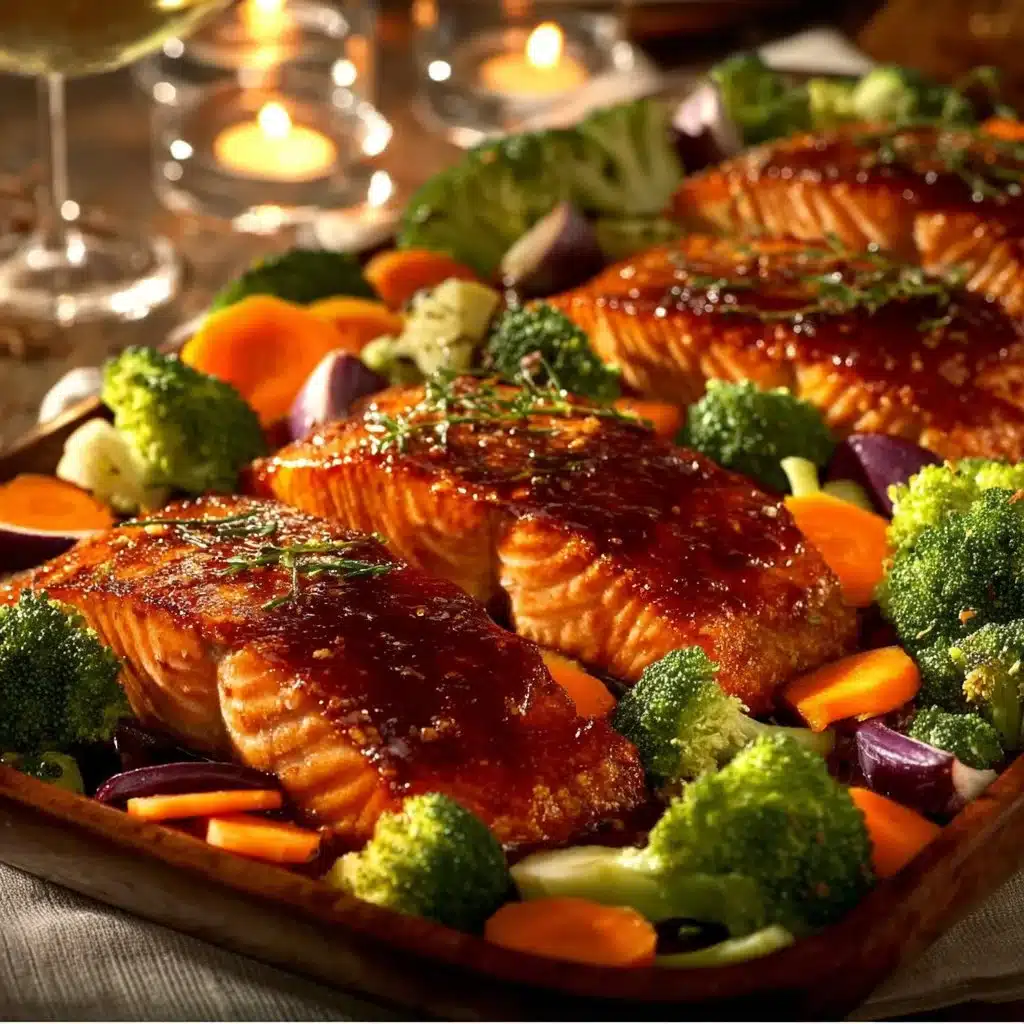 Sheet Pan Teriyaki Salmon with colorful vegetables on a baking tray