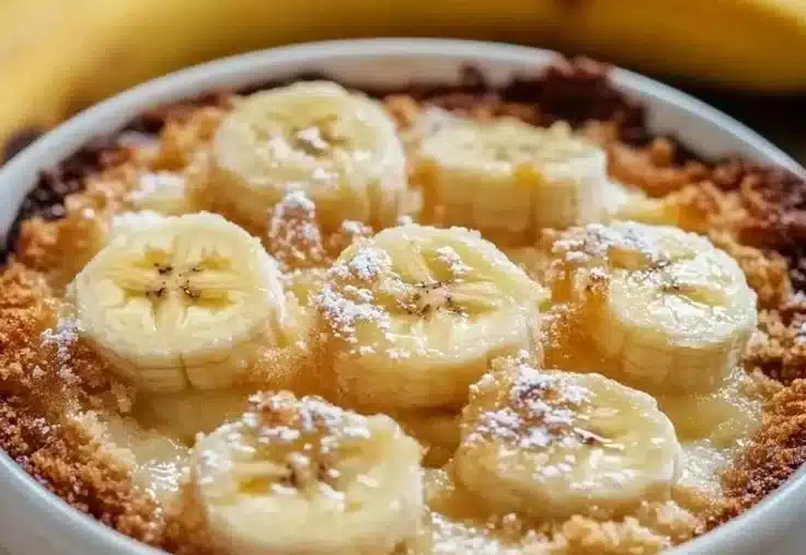 Southern Banana Cobbler dessert with sliced bananas and biscuit topping