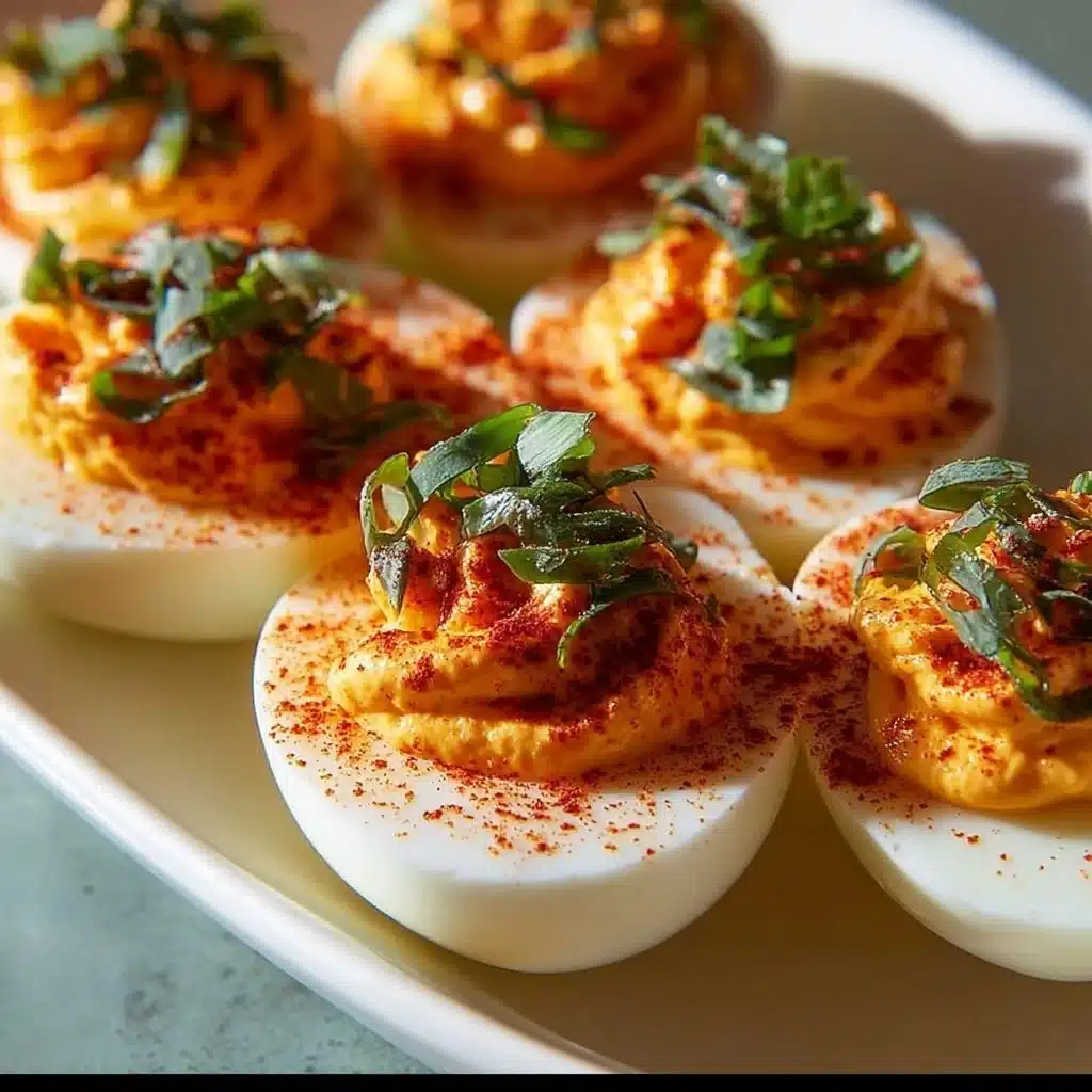 Delicious spicy Sriracha deviled eggs garnished and ready to serve