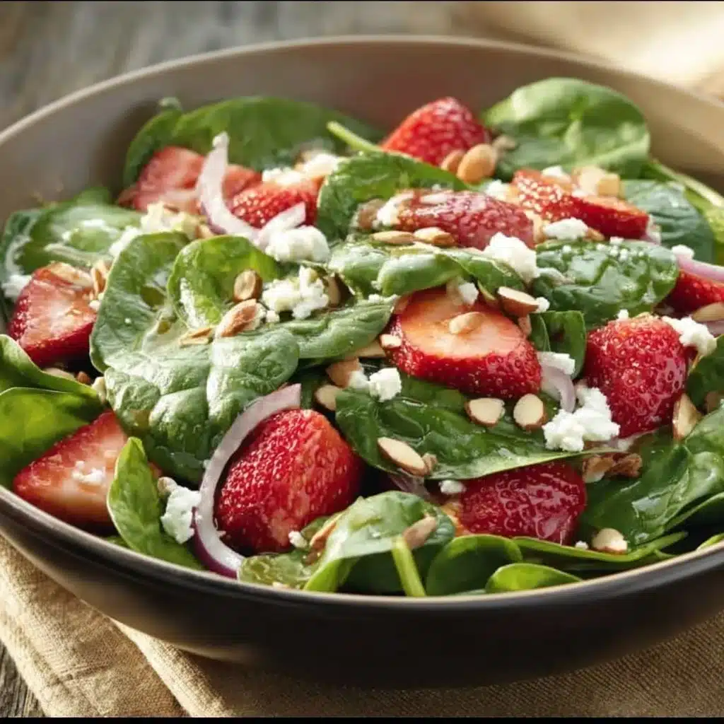 Bowl of Spinach and Strawberry Poppyseed Salad garnished with nuts and dressing