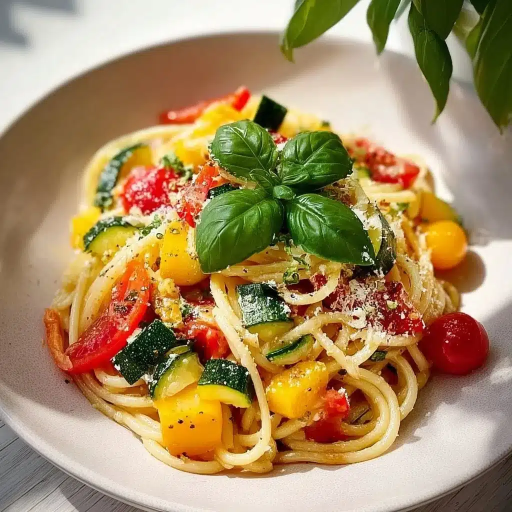 Bowl of vibrant Spring Pasta with fresh vegetables and herbs