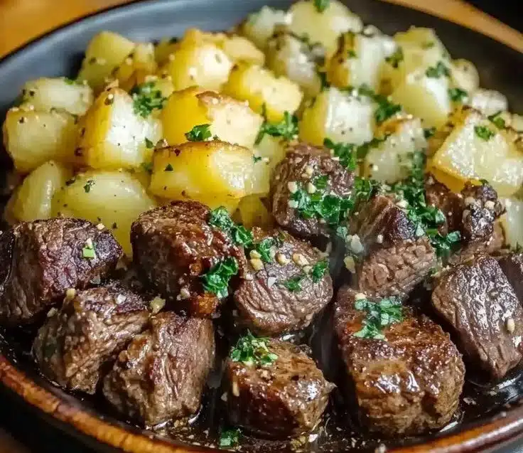 Delicious Steak Bites served with seasoned potatoes