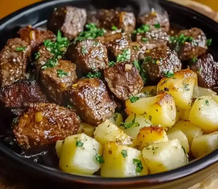Easy Slow Cooker Garlic Butter Steak Bites & Potatoes Delight