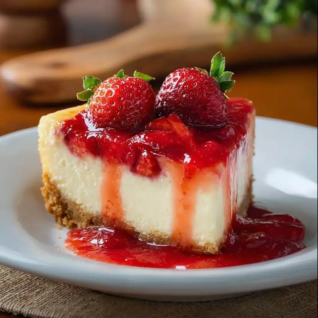 Delicious strawberry cheesecake topped with fresh strawberries.