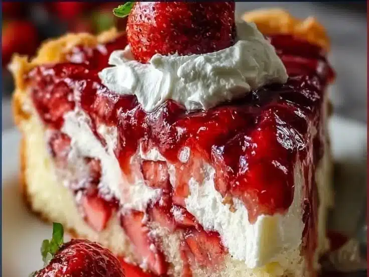 Delicious Strawberry Earthquake Cake with gooey filling and fresh strawberries on top