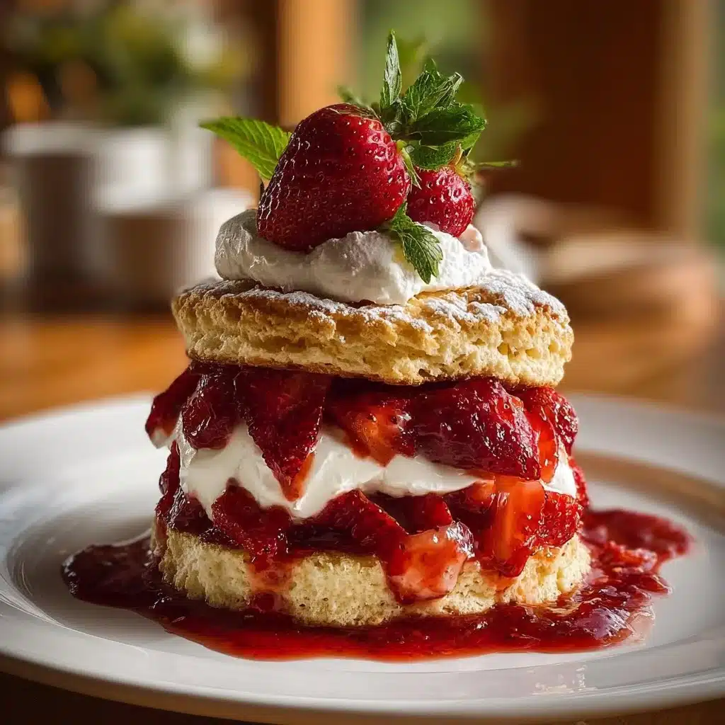 Delicious homemade Strawberry Shortcake topped with fresh strawberries and cream.