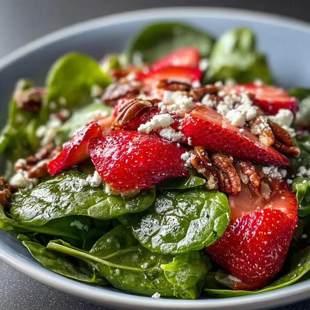 Fresh strawberry spinach salad with nuts and dressing served in a bowl