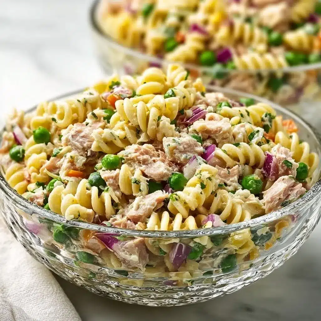 Delicious Tuna Pasta Salad with fresh vegetables and dressing