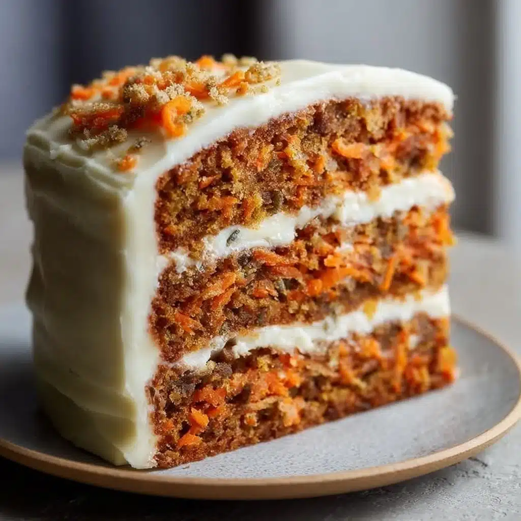 Slice of ultimate carrot cake topped with cream cheese frosting on a plate