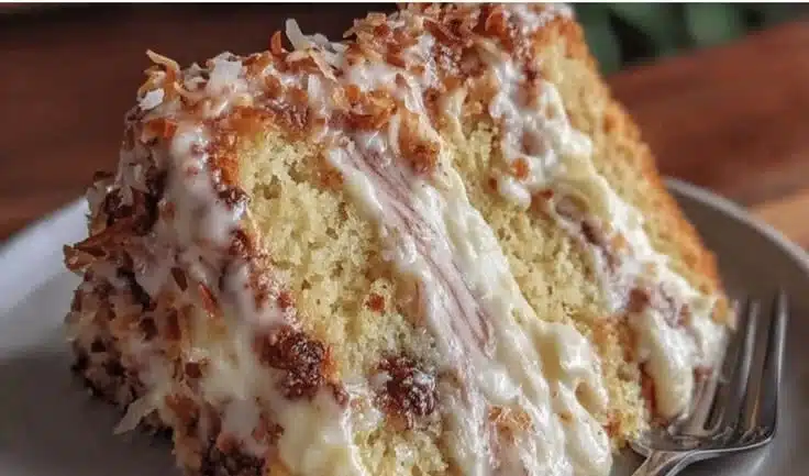 Ultimate White German Chocolate Cake with layers of chocolate and coconut frosting