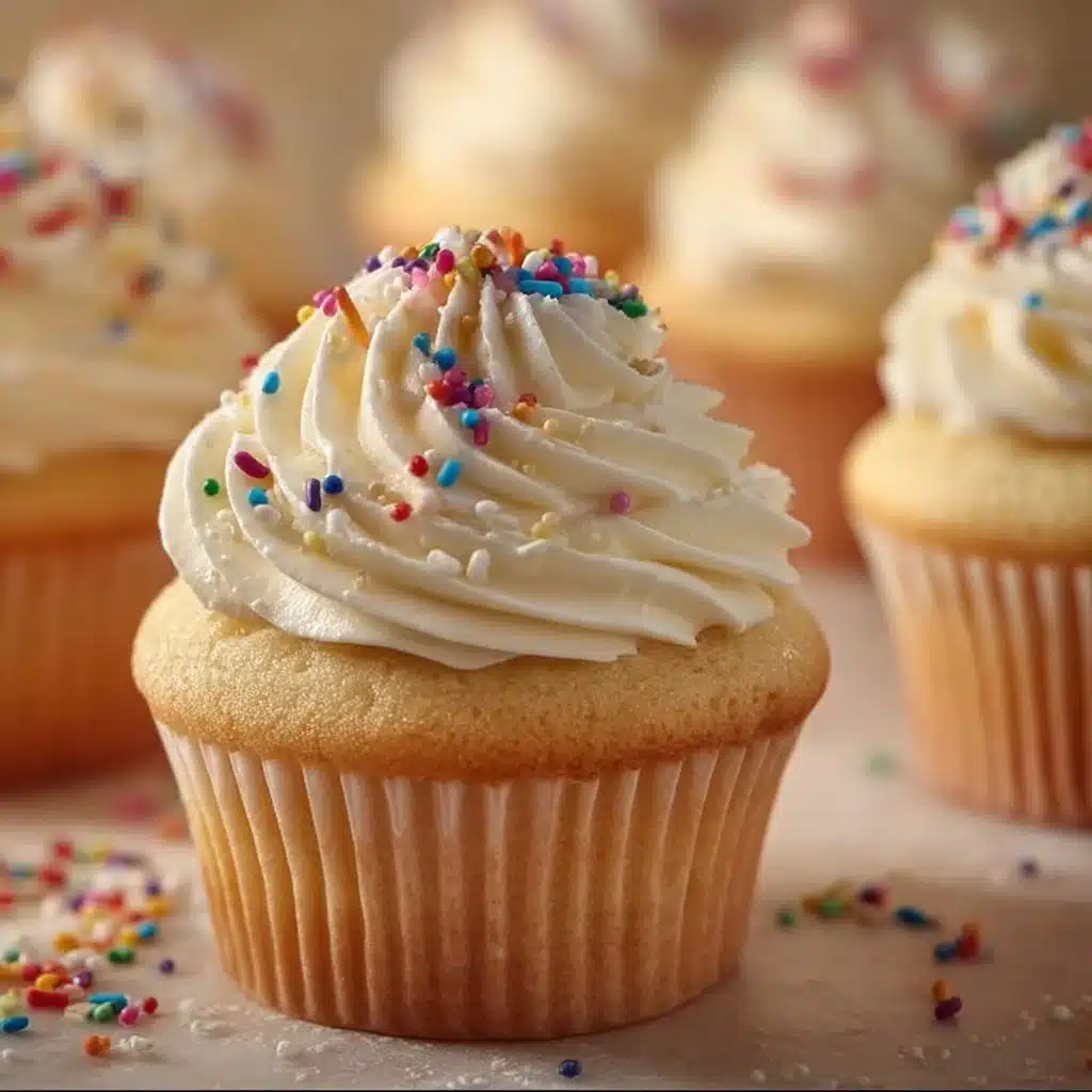 Delicious vanilla bean cupcakes with creamy frosting and sprinkles