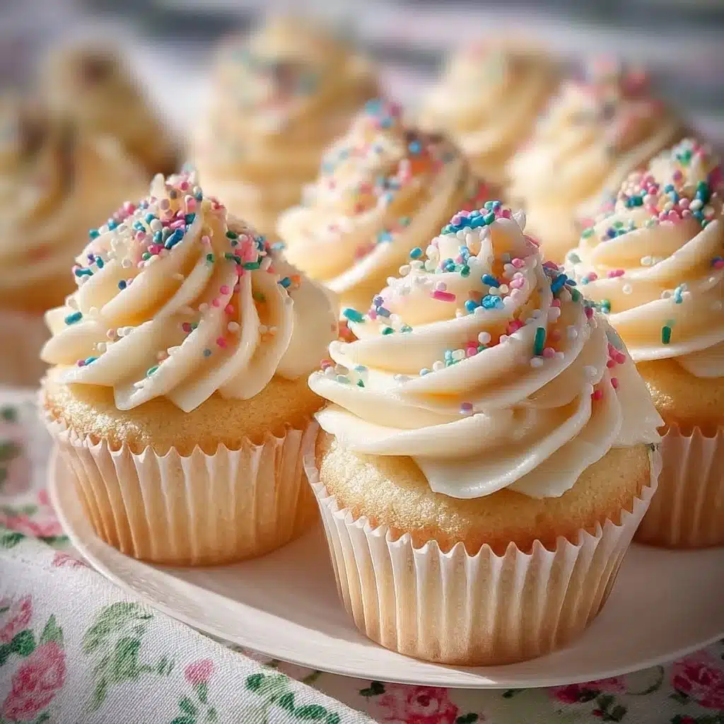 Delicious vanilla cupcakes with creamy frosting on a decorative plate