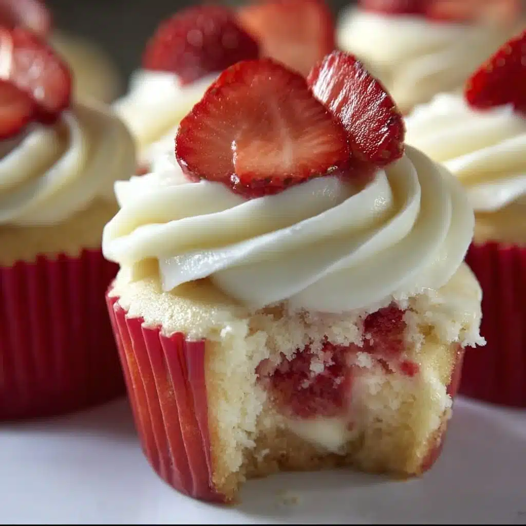 White chocolate strawberry cheesecake cupcakes topped with fresh strawberries