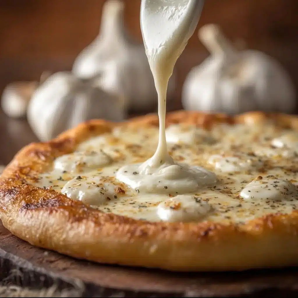 Creamy white garlic pizza sauce made with fresh ingredients for a delicious pizza.