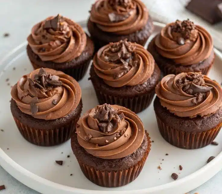 Delicious homemade chocolate cupcakes with frosting on a platter