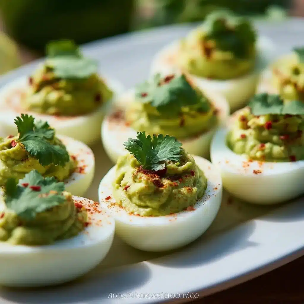 Avocado deviled eggs served on a platter with fresh herbs.