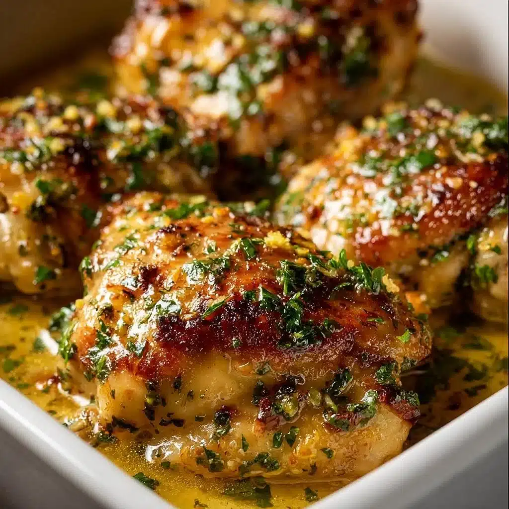 Baked lemon butter chicken served on a plate with herbs and lemon slices.