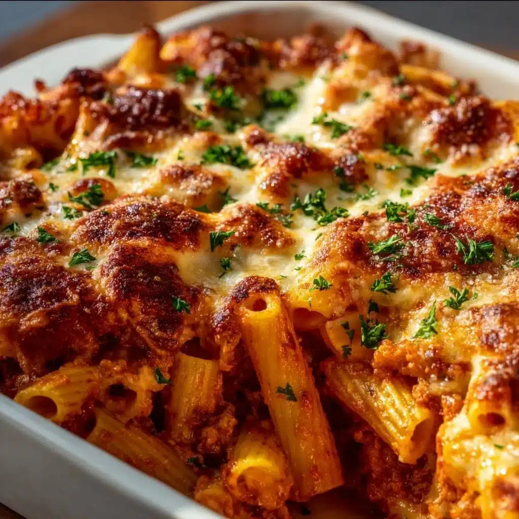 Delicious baked ziti topped with melted cheese and fresh herbs