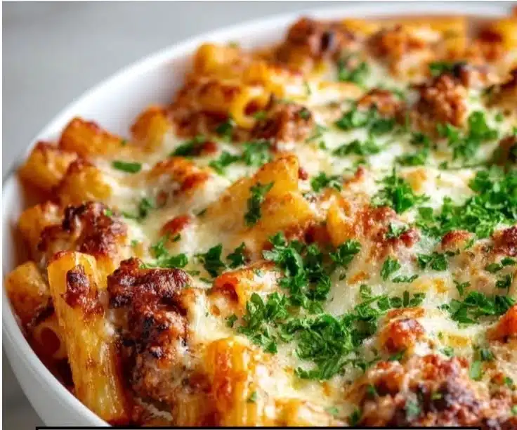 A steaming dish of baked ziti topped with melted cheese and fresh herbs