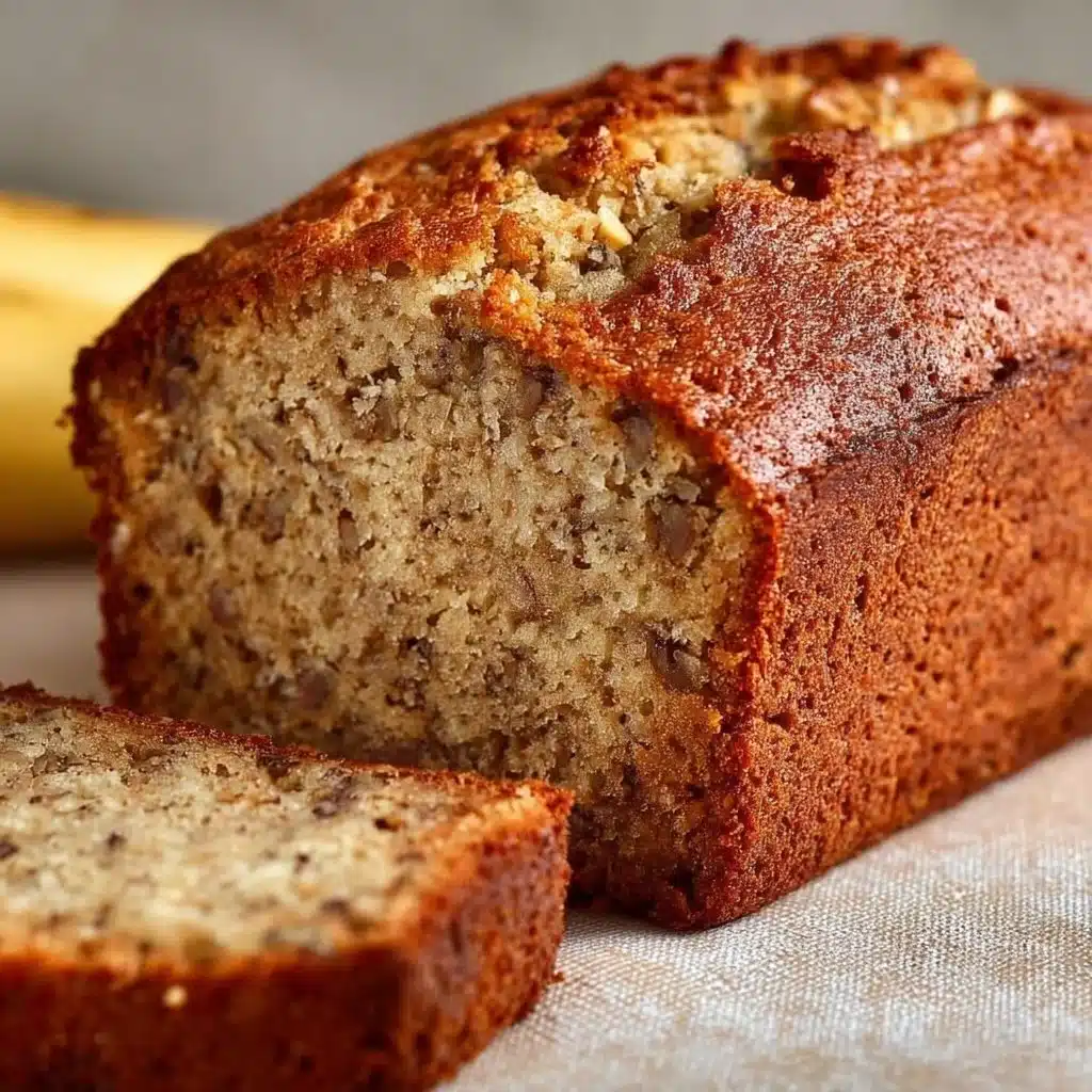 Homemade banana bread loaf with sliced bananas on a wooden table