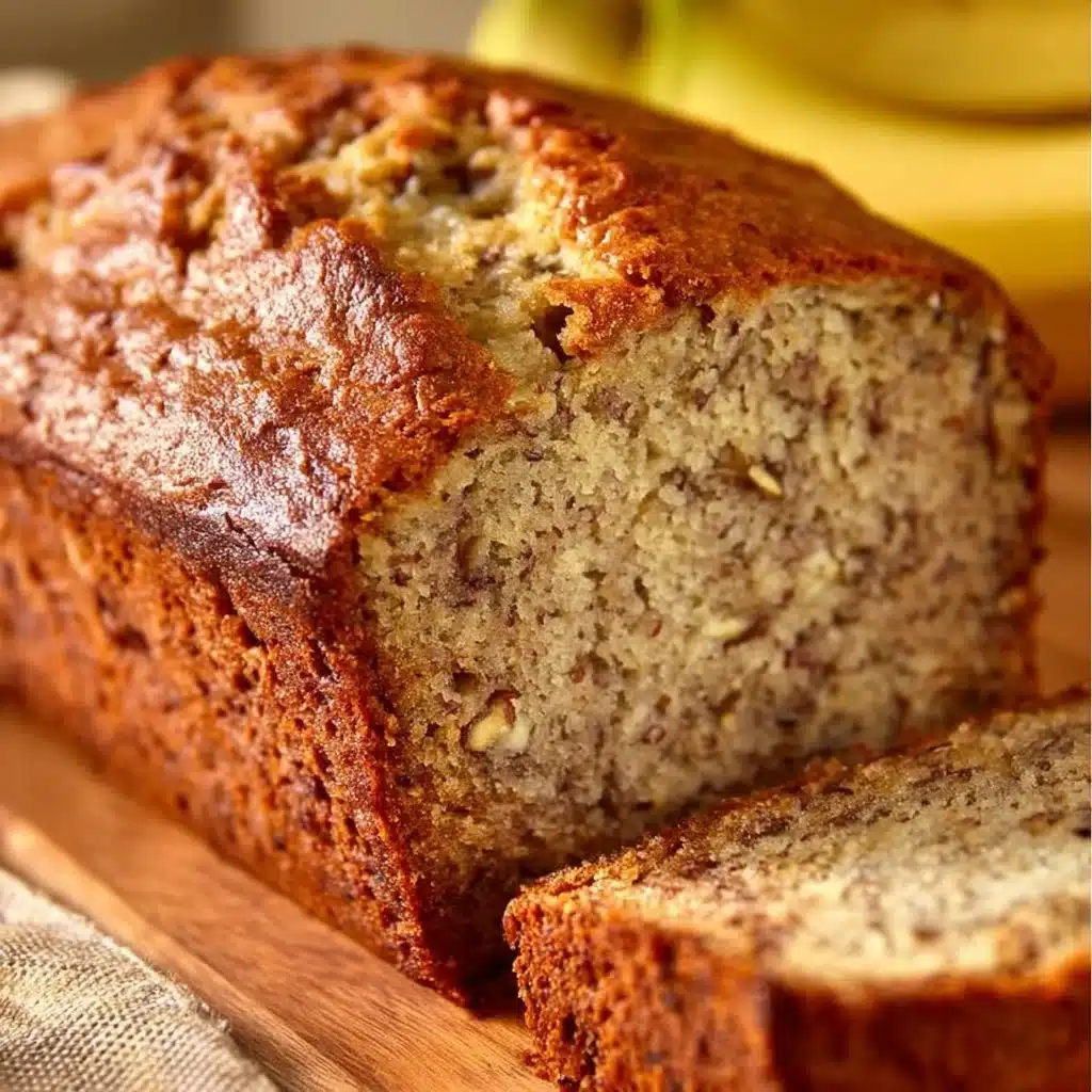 Freshly baked banana bread sliced on a wooden cutting board.