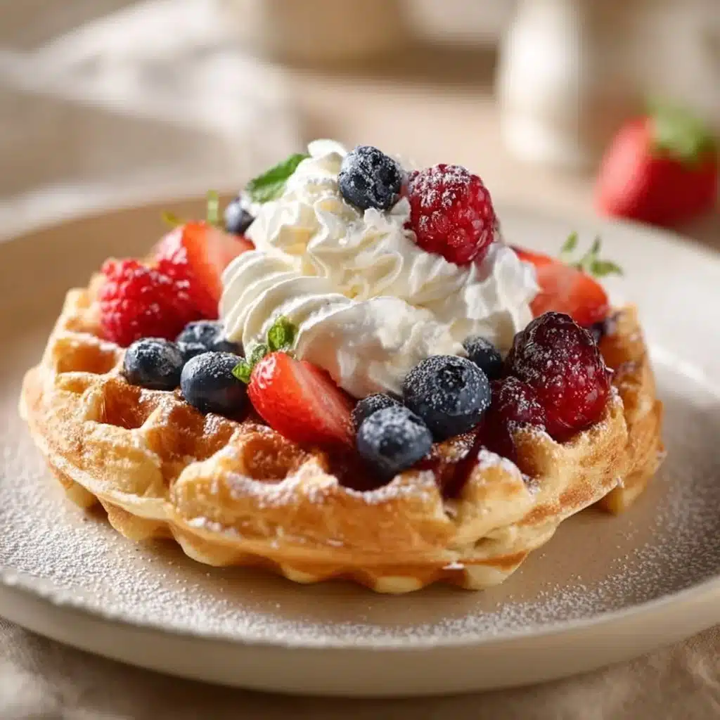 Delicious golden Belgian waffles topped with fresh berries and syrup