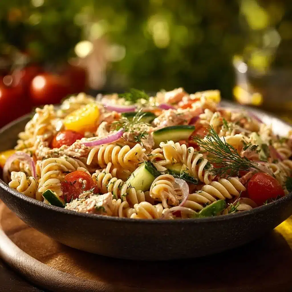 Bowl of the best tuna pasta salad with fresh vegetables and dressing
