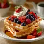 Delicious stack of fluffy buttermilk waffles topped with syrup and berries
