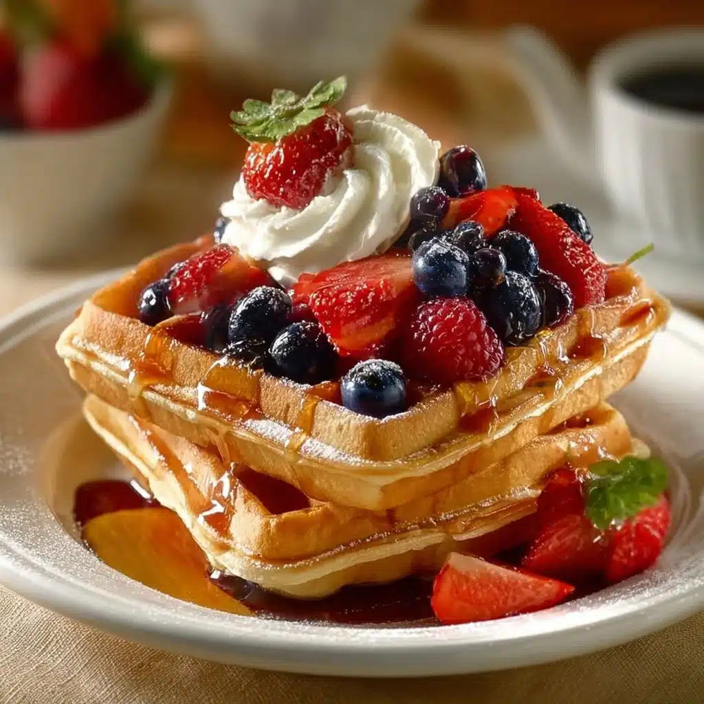 Delicious stack of fluffy buttermilk waffles topped with syrup and berries