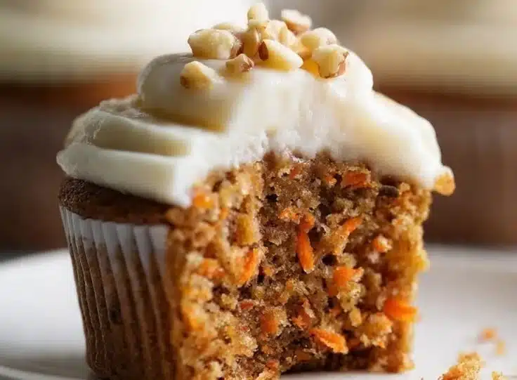 Delectable carrot cake cupcakes with cream cheese frosting on a plate
