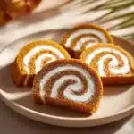 Delicious carrot cake roll filled with cream cheese frosting and garnished with walnuts.