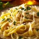 Delicious Chicken Alfredo Pasta topped with parsley on a white plate