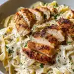 Delicious Chicken Alfredo Pasta served with herbs and parmesan cheese.