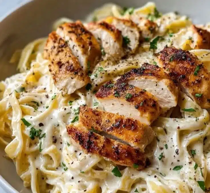Delicious Chicken Alfredo Pasta served with herbs and parmesan cheese.