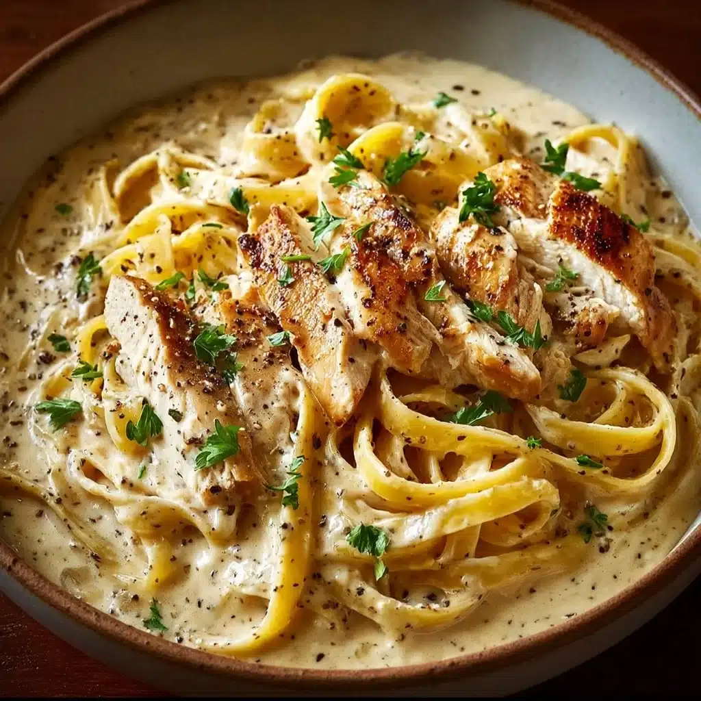 Creamy Chicken Alfredo Pasta topped with Parmesan cheese and parsley