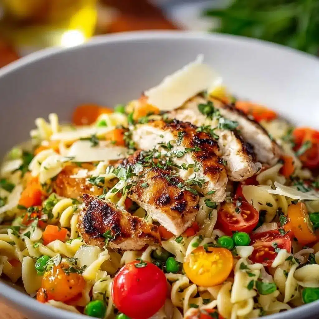 Chicken Pasta Primavera with colorful vegetables and grilled chicken