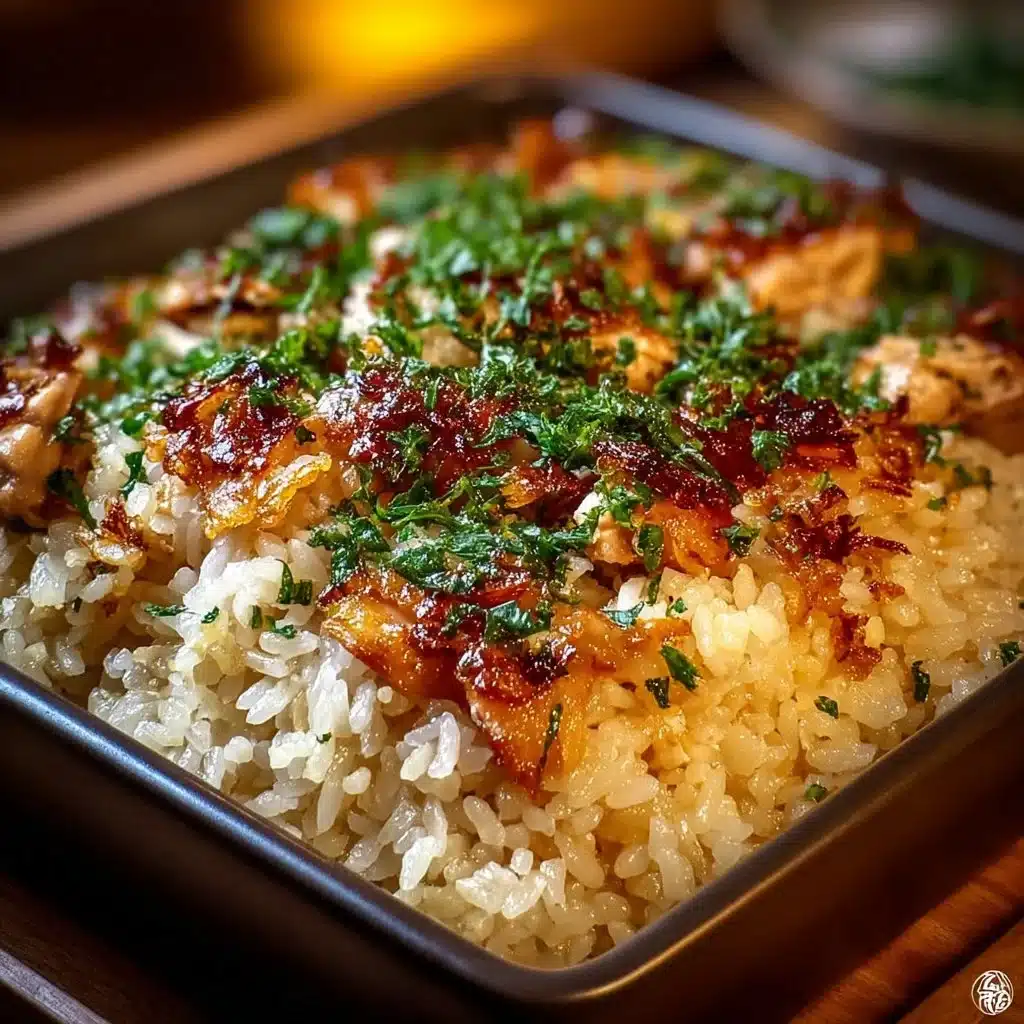 Delicious Chicken Rice Casserole served in a dish, garnished and ready to eat.