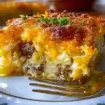 A hearty Classic Breakfast Hashbrown Casserole served in a baking dish.