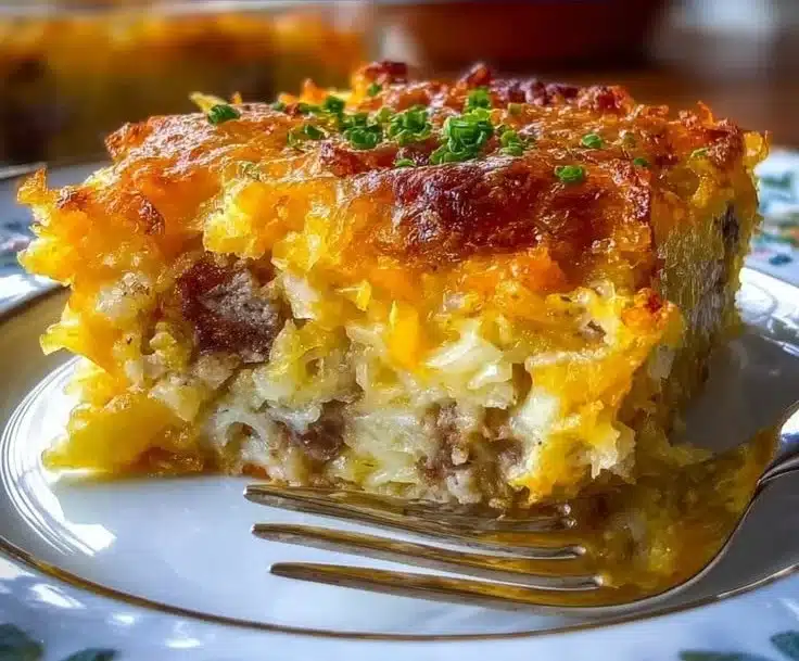 A hearty Classic Breakfast Hashbrown Casserole served in a baking dish.