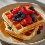 Fluffy classic buttermilk waffles stacked on a plate with syrup and berries