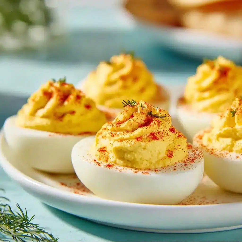 Classic deviled eggs garnished with paprika on a white platter