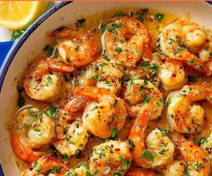 Delicious serving of Classic Garlic Butter Shrimp Scampi with fresh herbs