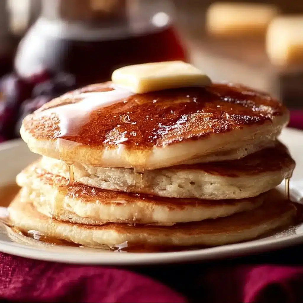 Stack of classic pancakes with syrup and berries on a plate