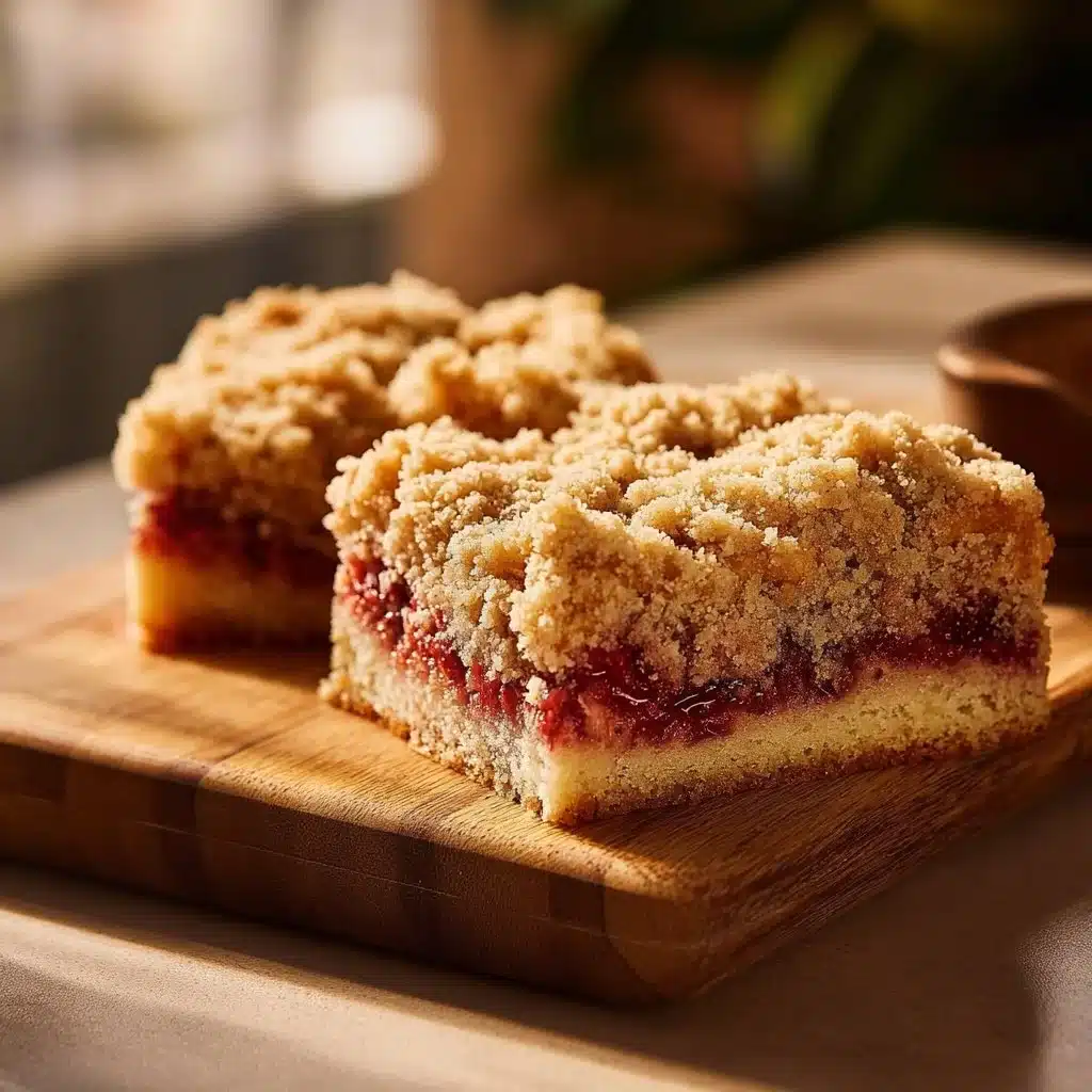 Delicious classic rhubarb coffee cake with a golden crumb topping