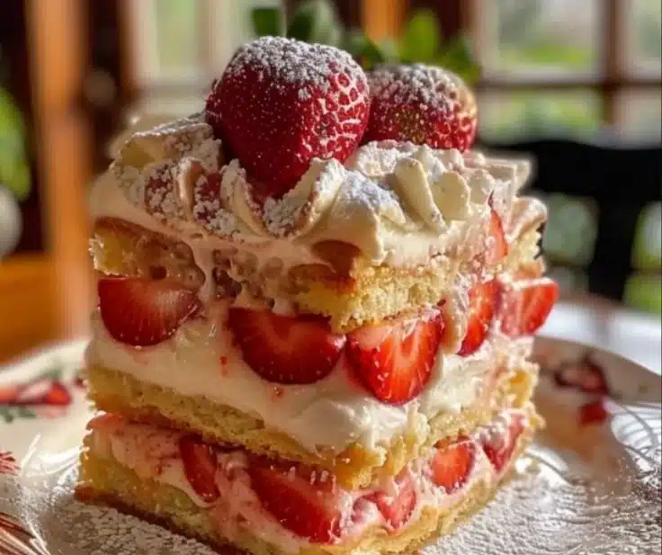 Classic strawberry shortcake dessert with fresh strawberries and whipped cream