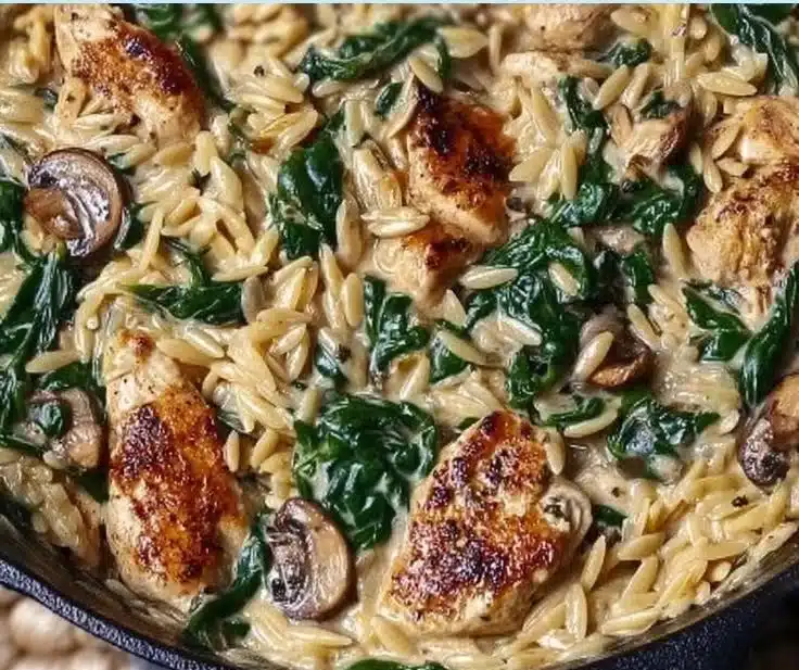 Creamy chicken orzo dish featuring spinach, a delicious comfort food meal.