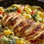 Creamy Chicken Pasta Primavera with fresh vegetables and chicken in a rich sauce