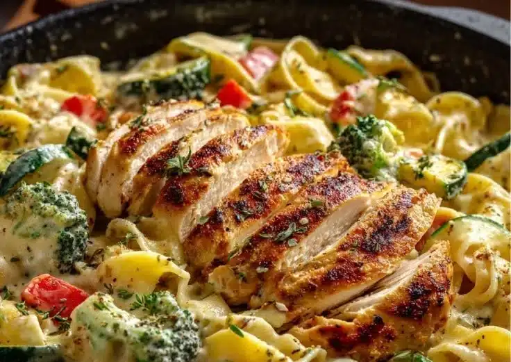 Creamy Chicken Pasta Primavera with fresh vegetables and chicken in a rich sauce