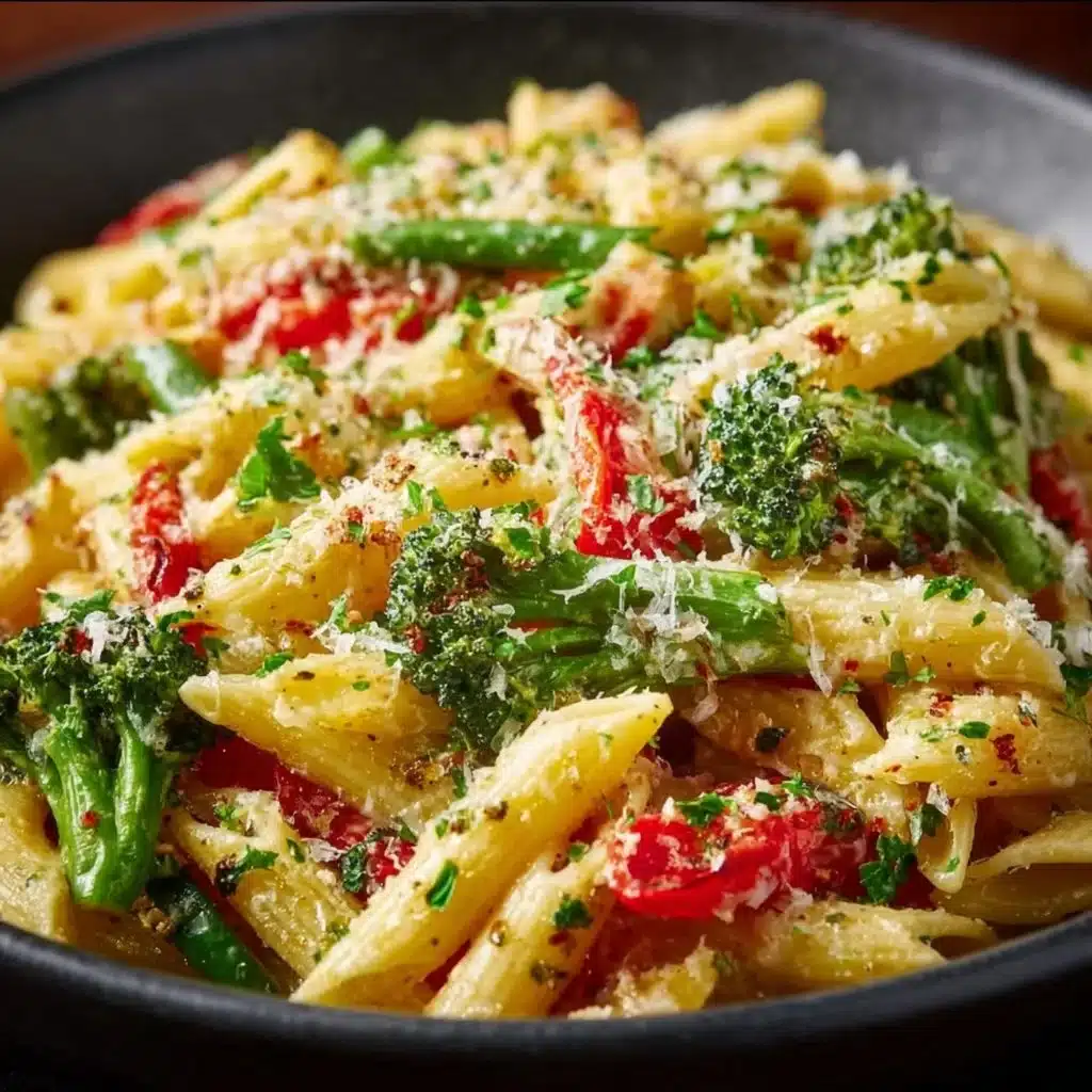 Creamy pasta primavera with fresh vegetables and herbs served in a bowl